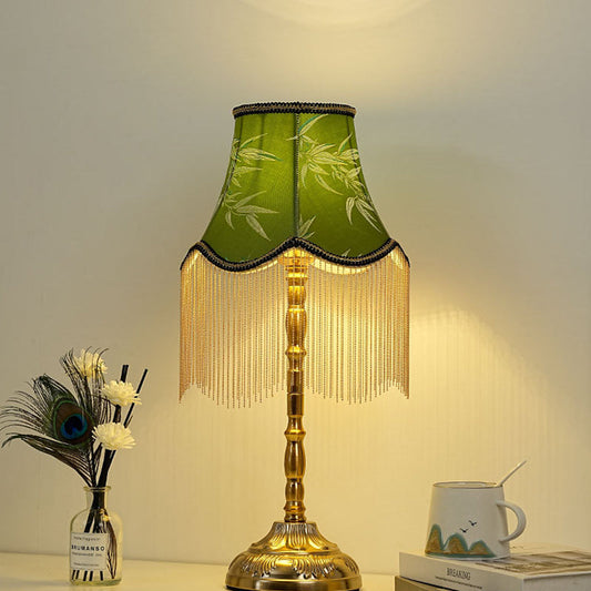 Traditional Vintage Cylindrical Bamboo Pattern Tassel Iron Fabric 1-Light Table Lamp For Bedroom