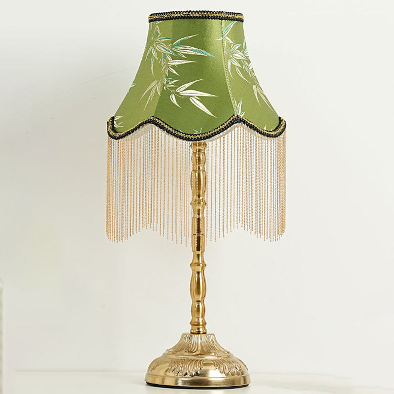 Traditional Vintage Cylindrical Bamboo Pattern Tassel Iron Fabric 1-Light Table Lamp For Bedroom