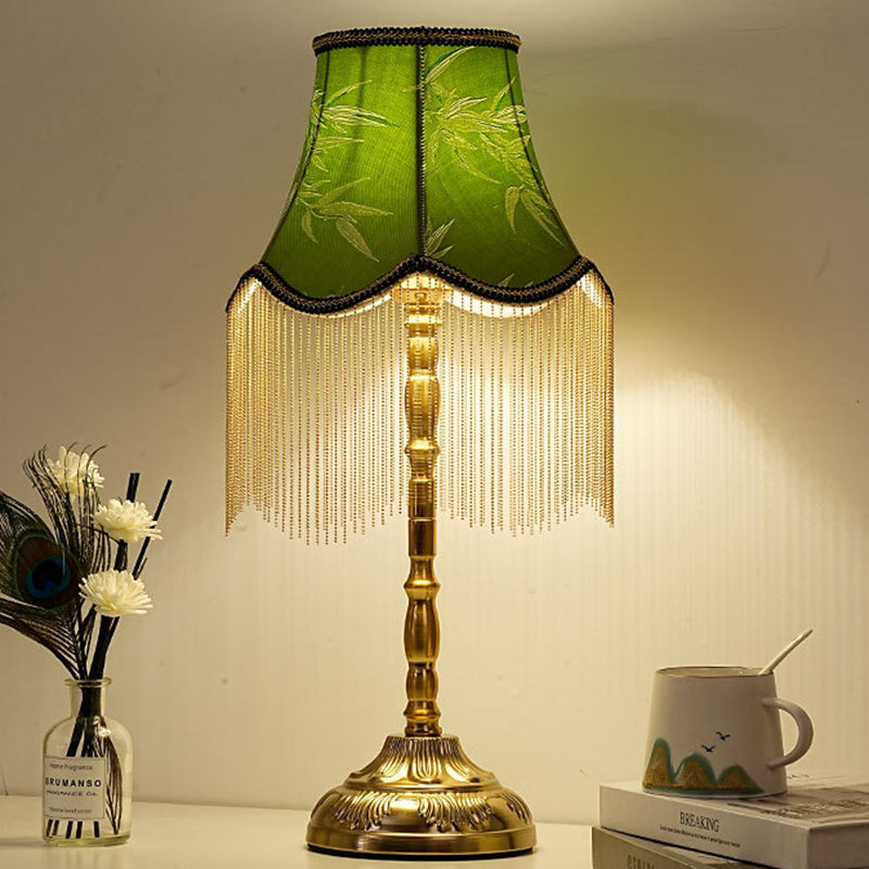 Traditional Vintage Cylindrical Bamboo Pattern Tassel Iron Fabric 1-Light Table Lamp For Bedroom
