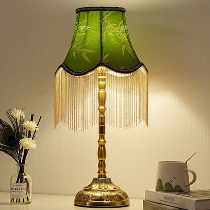 Traditional Vintage Cylindrical Bamboo Pattern Tassel Iron Fabric 1-Light Table Lamp For Bedroom