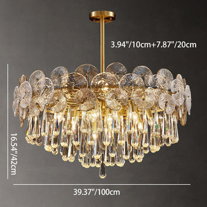 Traditional Luxury Round Teardrop Crystal Copper Glass 6/9/12-Light Chandelier For Living Room