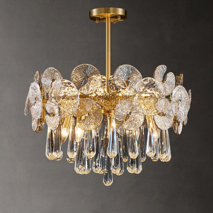 Traditional Luxury Round Teardrop Crystal Copper Glass 6/9/12-Light Chandelier For Living Room