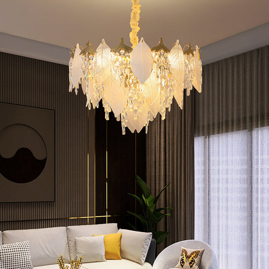 Traditional French Leaf Round Crystal Metal Glass 6/8/9/12/16-Light Chandelier Island Light For Dining Room