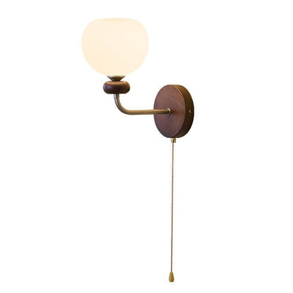 Traditional Vintage Zipper Round Ball-Shaped Flower Metal Ash Wood Glass 1-Light Wall Sconce Lamp For Bedroom