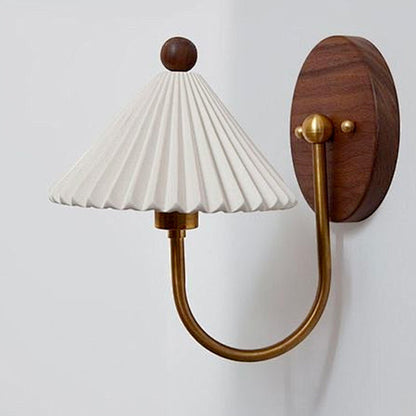 Traditional Vintage Pleated Umbrella-shaped Solid Wood Hardware Ceramic 1-Light Wall Sconce Lamp For Bedroom