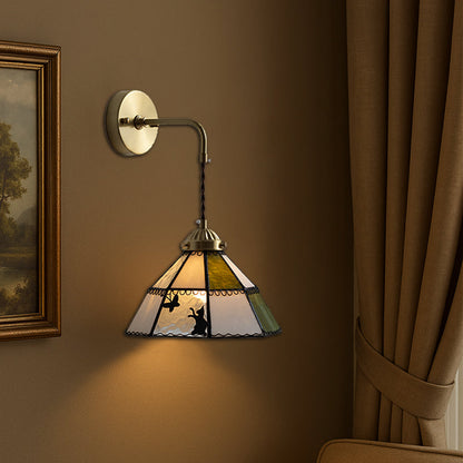 Traditional Tiffany Round Cat Pattern Brass Glass 1-Light Wall Sconce Lamp For Bedroom
