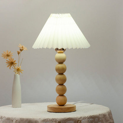 Traditional Vintage Pleated Gourd Shaped Oak Fabric 1-Light Table Lamp For Bedroom