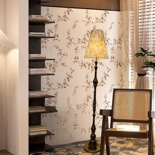 Traditional Vintage Cylindrical Floral Pattern Hardware Walnut Fabric 1-Light Standing Floor Lamp For Bedroom
