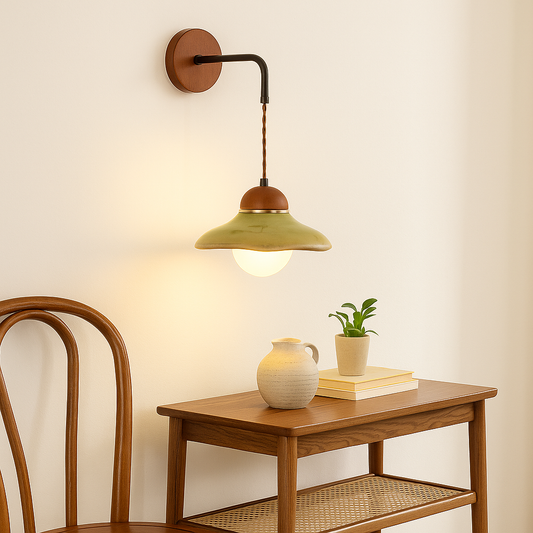 Traditional Vintage Round Corrugated Wood Hardware Ceramic 1-Light Wall Sconce Lamp For Bedroom