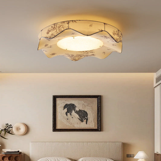 Traditional Vintage Round Corrugated Metal Acrylic Fabric LED Flush Mount Ceiling Light For Bedroom