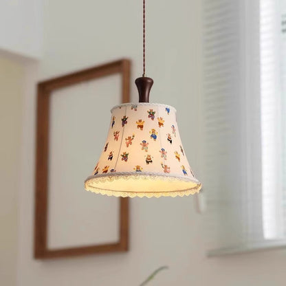 Traditional Vintage Kids Cylindrical Iron Solid Wood Fabric 1-Light Pendant Light For Bedroom