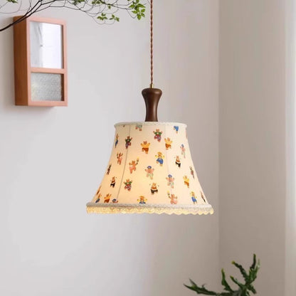 Traditional Vintage Kids Cylindrical Iron Solid Wood Fabric 1-Light Pendant Light For Bedroom