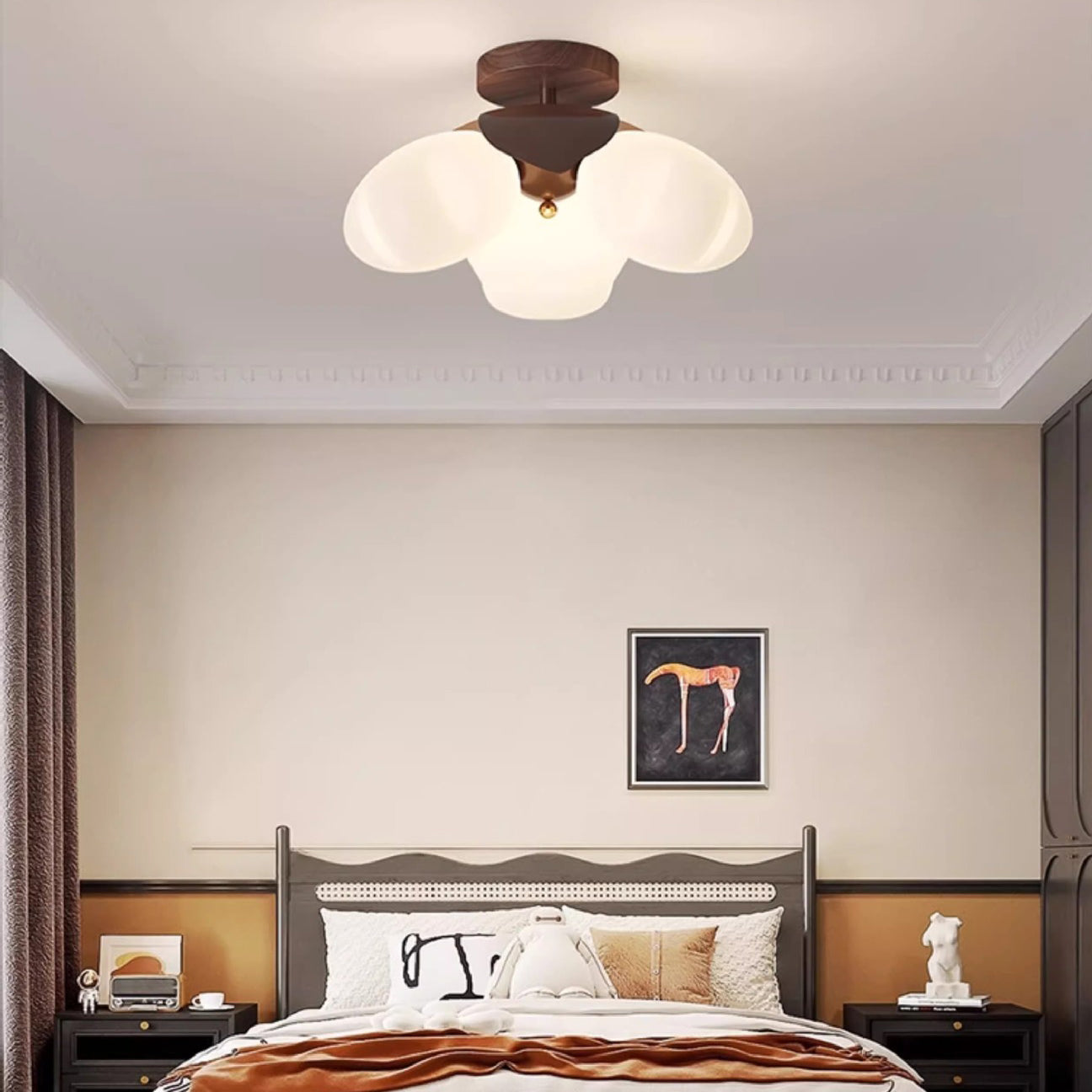 Traditional Vintage Petal-Shaped Spherical Iron PE LED Semi-Flush Mount Ceiling Light For Bedroom