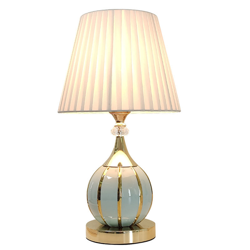 Traditional Vintage Pleated Spherical Ceramic Fabric Metal 1-Light Table Lamp For Bedroom