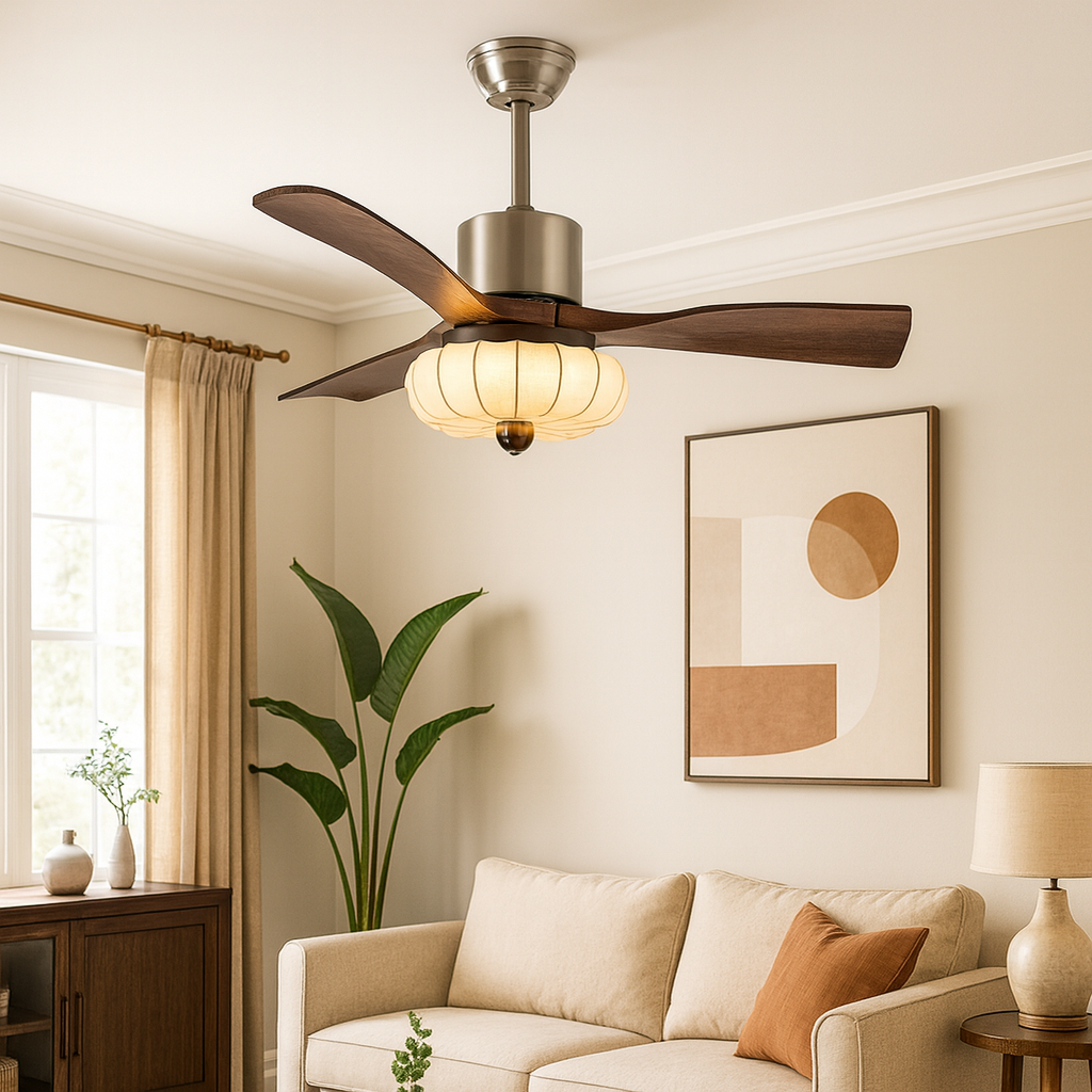 Traditional Vintage Round Iron Copper Fabric Solid Wood LED Downrods Ceiling Fan Light For Bedroom