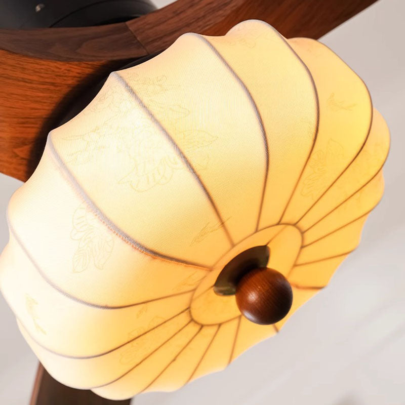 Traditional Vintage Round Iron Copper Fabric Solid Wood LED Downrods Ceiling Fan Light For Bedroom