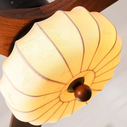 Traditional Vintage Round Iron Copper Fabric Solid Wood LED Downrods Ceiling Fan Light For Bedroom