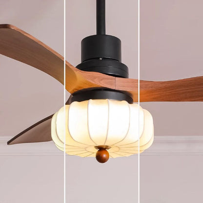 Traditional Vintage Round Iron Copper Fabric Solid Wood LED Downrods Ceiling Fan Light For Bedroom
