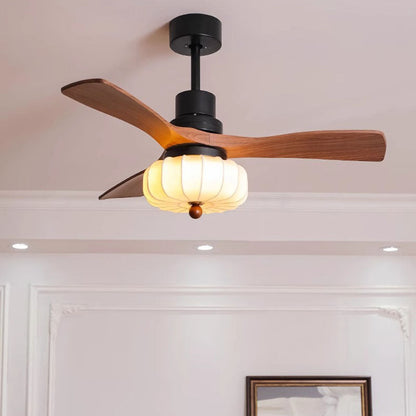 Traditional Vintage Round Iron Copper Fabric Solid Wood LED Downrods Ceiling Fan Light For Bedroom