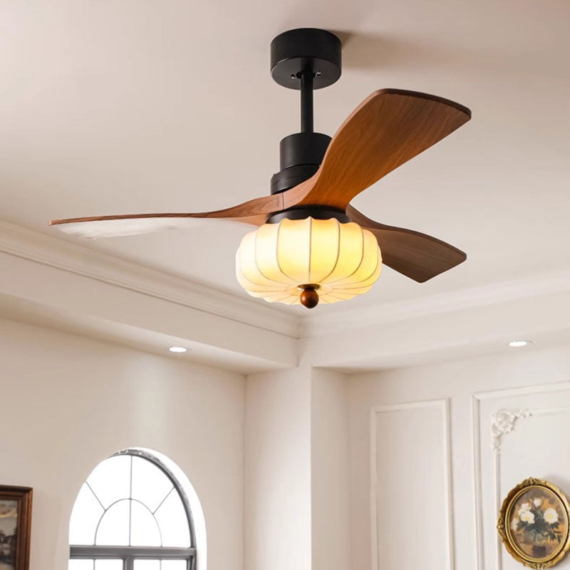 Traditional Vintage Round Iron Copper Fabric Solid Wood LED Downrods Ceiling Fan Light For Bedroom