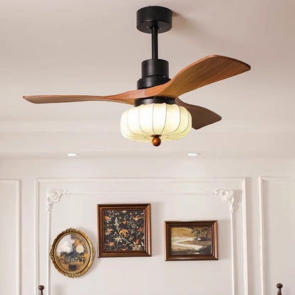 Traditional Vintage Round Iron Copper Fabric Solid Wood LED Downrods Ceiling Fan Light For Bedroom