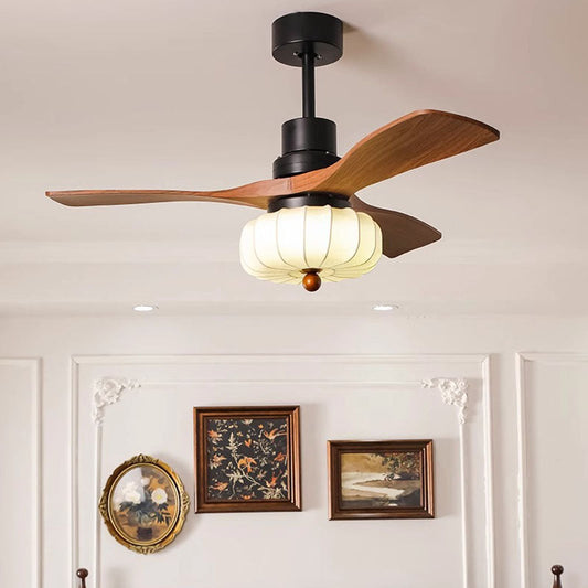 Traditional Vintage Round Iron Copper Fabric Solid Wood LED Downrods Ceiling Fan Light For Bedroom