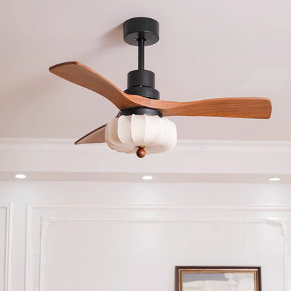 Traditional Vintage Round Iron Copper Fabric Solid Wood LED Downrods Ceiling Fan Light For Bedroom