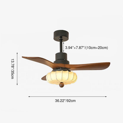 Traditional Vintage Round Iron Copper Fabric Solid Wood LED Downrods Ceiling Fan Light For Bedroom
