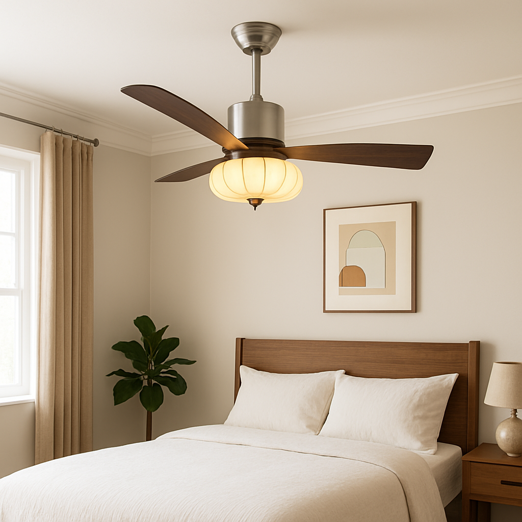 Traditional Vintage Round Iron Copper Fabric Solid Wood LED Downrods Ceiling Fan Light For Bedroom