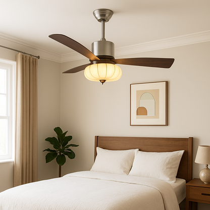 Traditional Vintage Round Iron Copper Fabric Solid Wood LED Downrods Ceiling Fan Light For Bedroom
