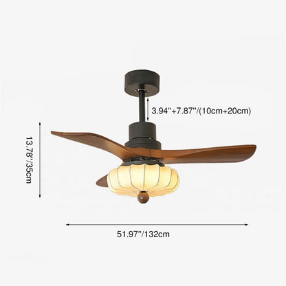 Traditional Vintage Round Iron Copper Fabric Solid Wood LED Downrods Ceiling Fan Light For Bedroom