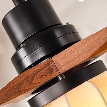 Traditional Vintage Round Iron Copper Fabric Solid Wood LED Downrods Ceiling Fan Light For Bedroom