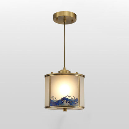 Traditional Chinese Copper Carved Decorative Glass Round Shade 1-Light Pendant Light For Living Room