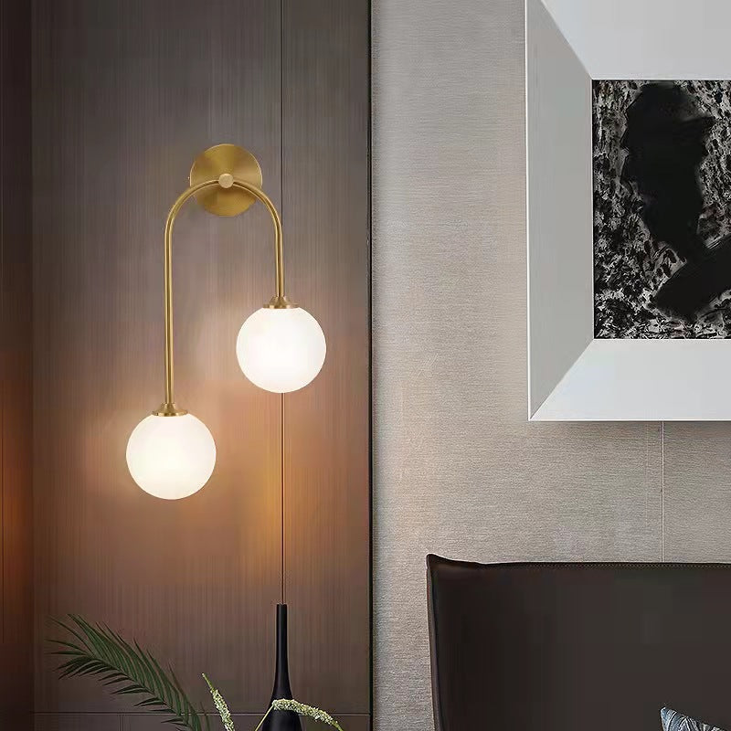 Contemporary Nordic Round Copper Glass 2-Light Wall Sconce Lamp For Bedroom