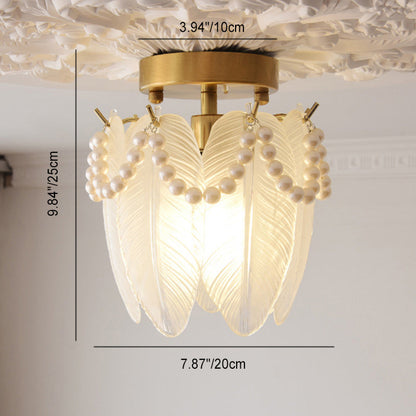 Traditional French Feather Shape Hanging Pearl Edge Iron Glass 1- Light Semi-Flush Mount Ceiling Light For Bedroom