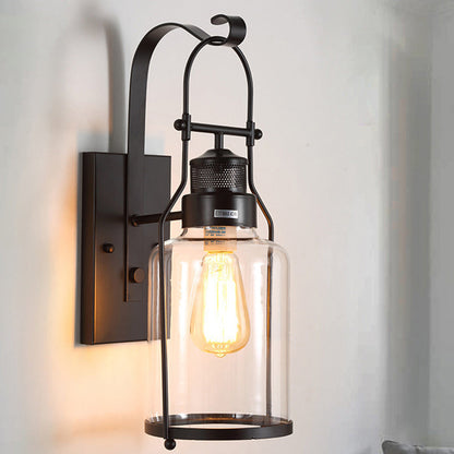Traditional Colonial Kettle Shape Iron Glass 1-Light Wall Sconce Lamp For Living Room