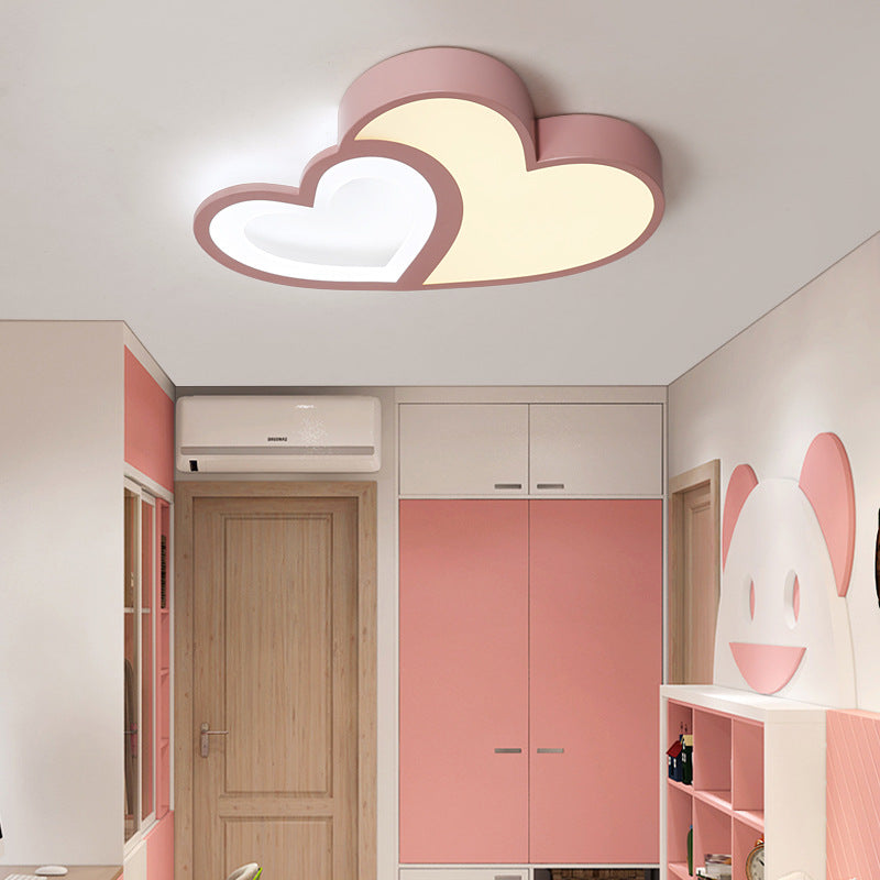 Contemporary Creative Overlapping Double Hearts Acrylic Iron LED Flush Mount Ceiling Light For Bedroom