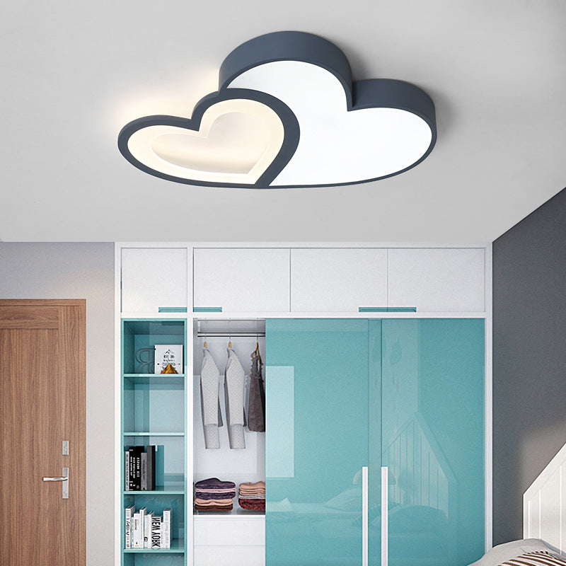 Contemporary Creative Overlapping Double Hearts Acrylic Iron LED Flush Mount Ceiling Light For Bedroom
