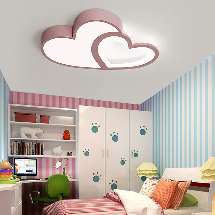 Contemporary Creative Overlapping Double Hearts Acrylic Iron LED Flush Mount Ceiling Light For Bedroom