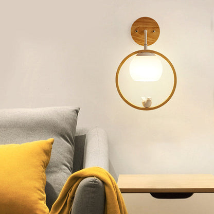 Contemporary Creative Bird Glass Wood 1- Light Wall Sconce Lamp For Living Room