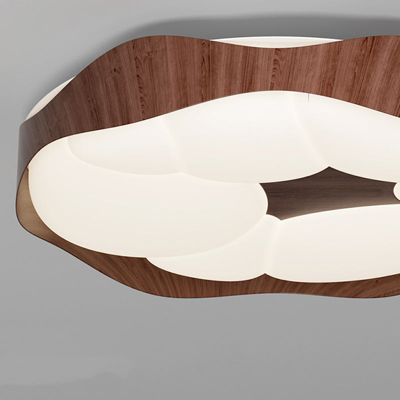 Contemporary Nordic Round Roto-molding Iron Wood Lampshade LED Flush Mount Ceiling Light For Bedroom