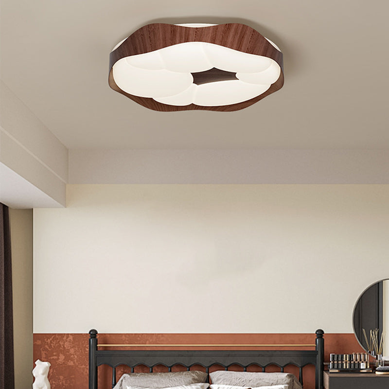 Contemporary Nordic Round Roto-molding Iron Wood Lampshade LED Flush Mount Ceiling Light For Bedroom