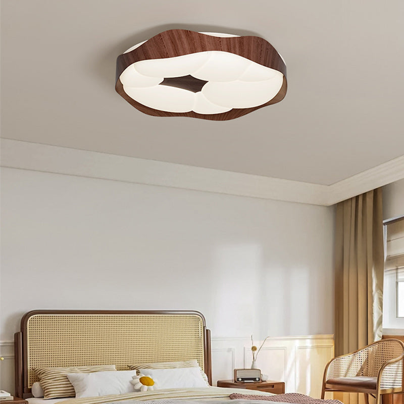 Contemporary Nordic Round Roto-molding Iron Wood Lampshade LED Flush Mount Ceiling Light For Bedroom
