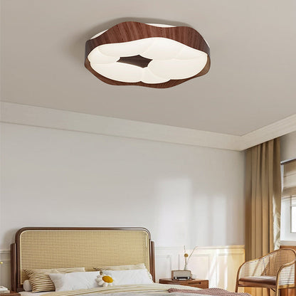 Contemporary Nordic Round Roto-molding Iron Wood Lampshade LED Flush Mount Ceiling Light For Bedroom