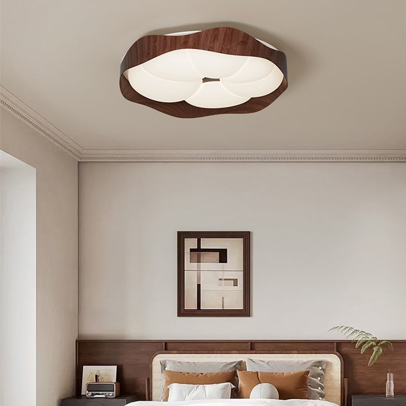 Contemporary Nordic Round Roto-molding Iron Wood Lampshade LED Flush Mount Ceiling Light For Bedroom