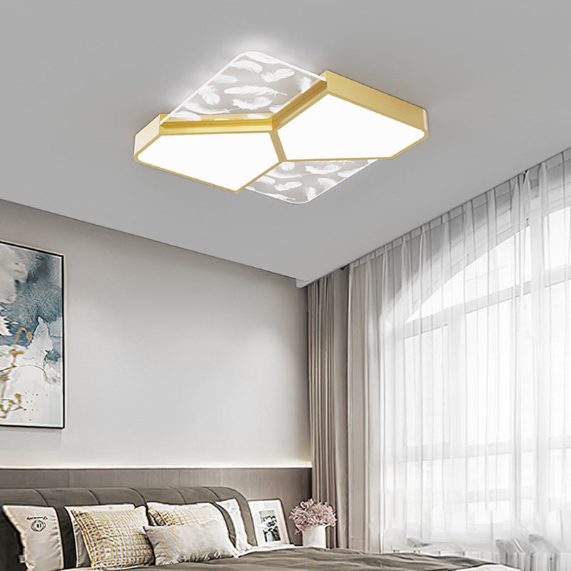 Contemporary Nordic Feather Pattern Acrylic Iron Lampshade LED Flush Mount Ceiling Light For Bedroom
