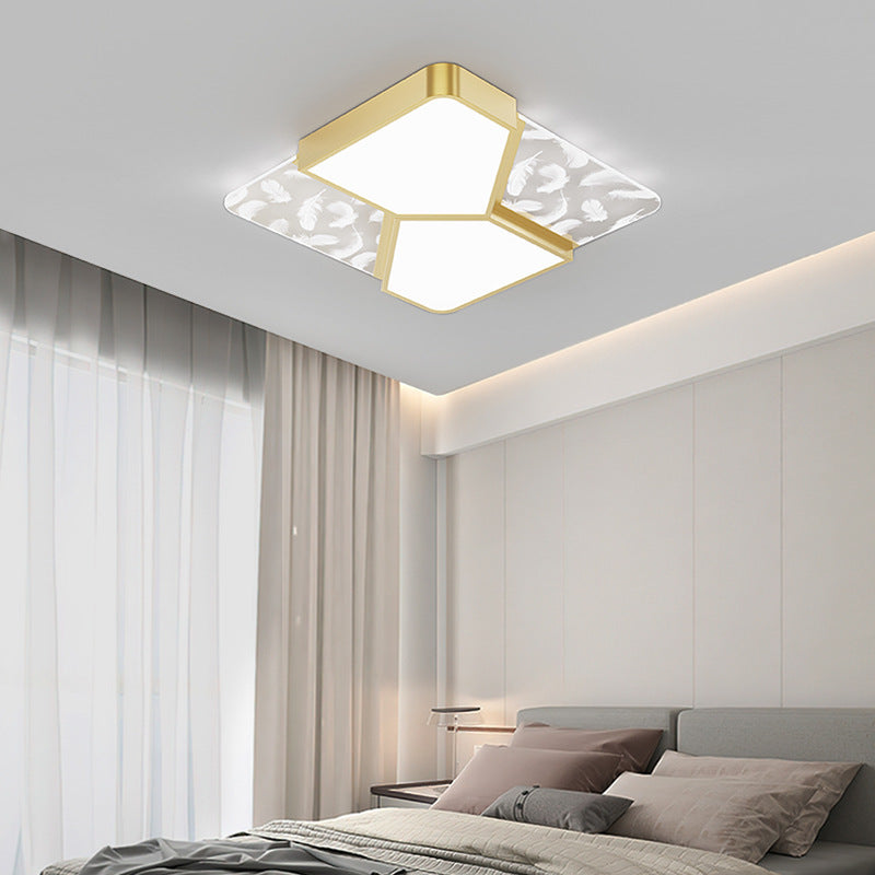 Contemporary Nordic Feather Pattern Acrylic Iron Lampshade LED Flush Mount Ceiling Light For Bedroom