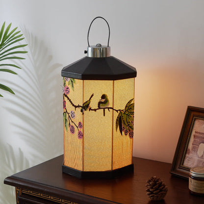 Traditional Vintage Embroidery Pattern Iron Fabric LED Table Lamp For Living Room