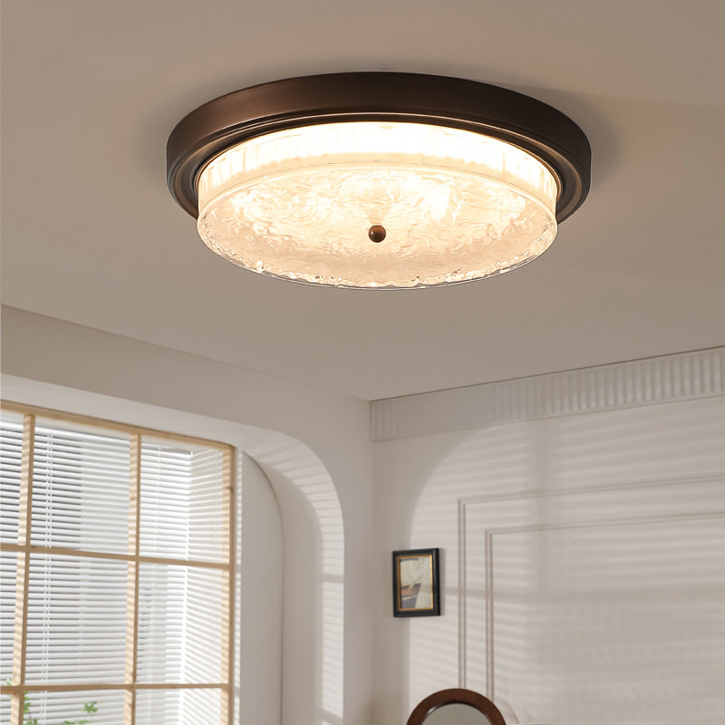 Traditional Vintage Round Iron Glass LED Flush Mount Ceiling Light For Living Room