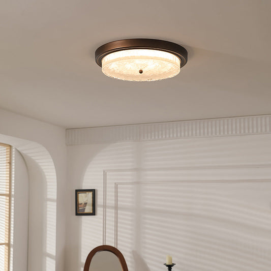 Traditional Vintage Round Iron Glass LED Flush Mount Ceiling Light For Living Room